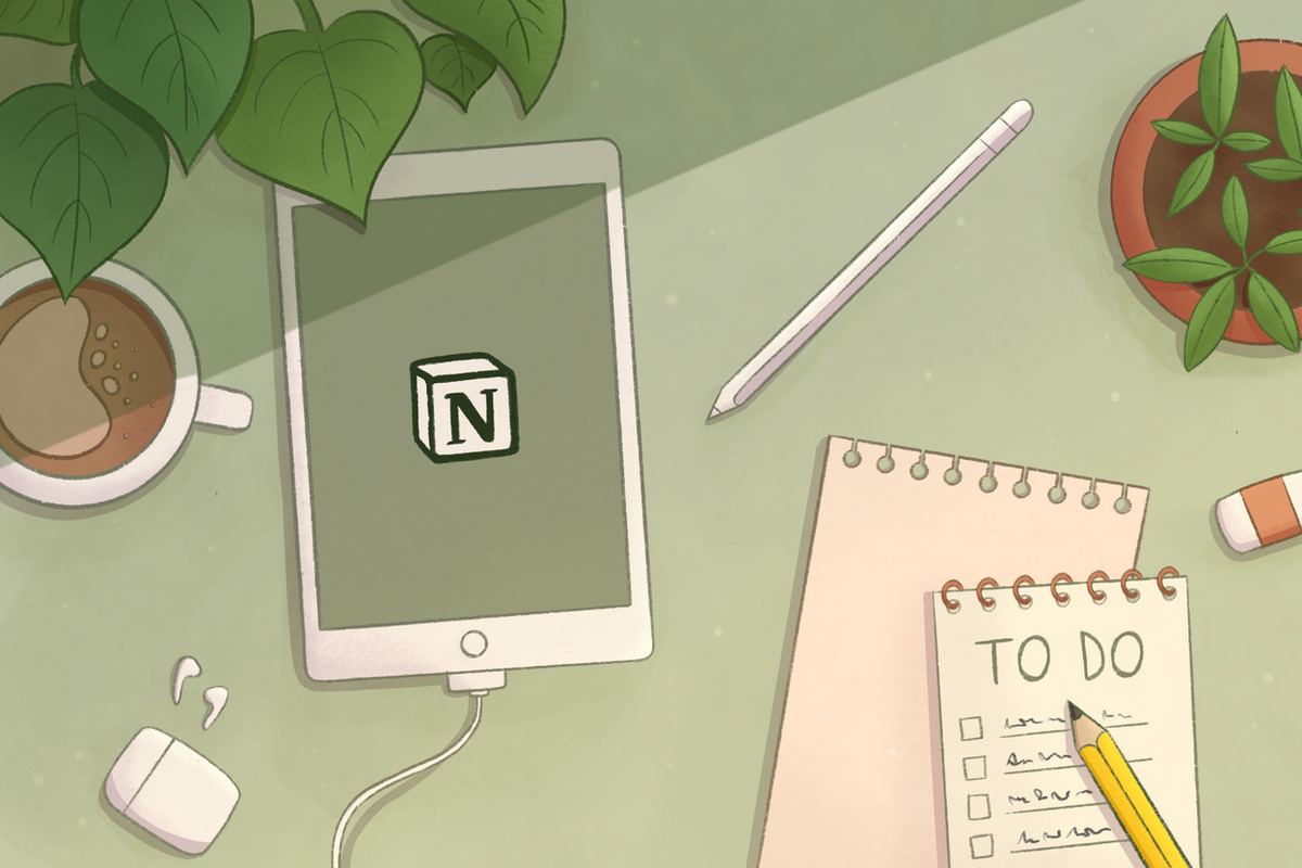 Illustration of a desk with notebooks and an iPad with Notion on it